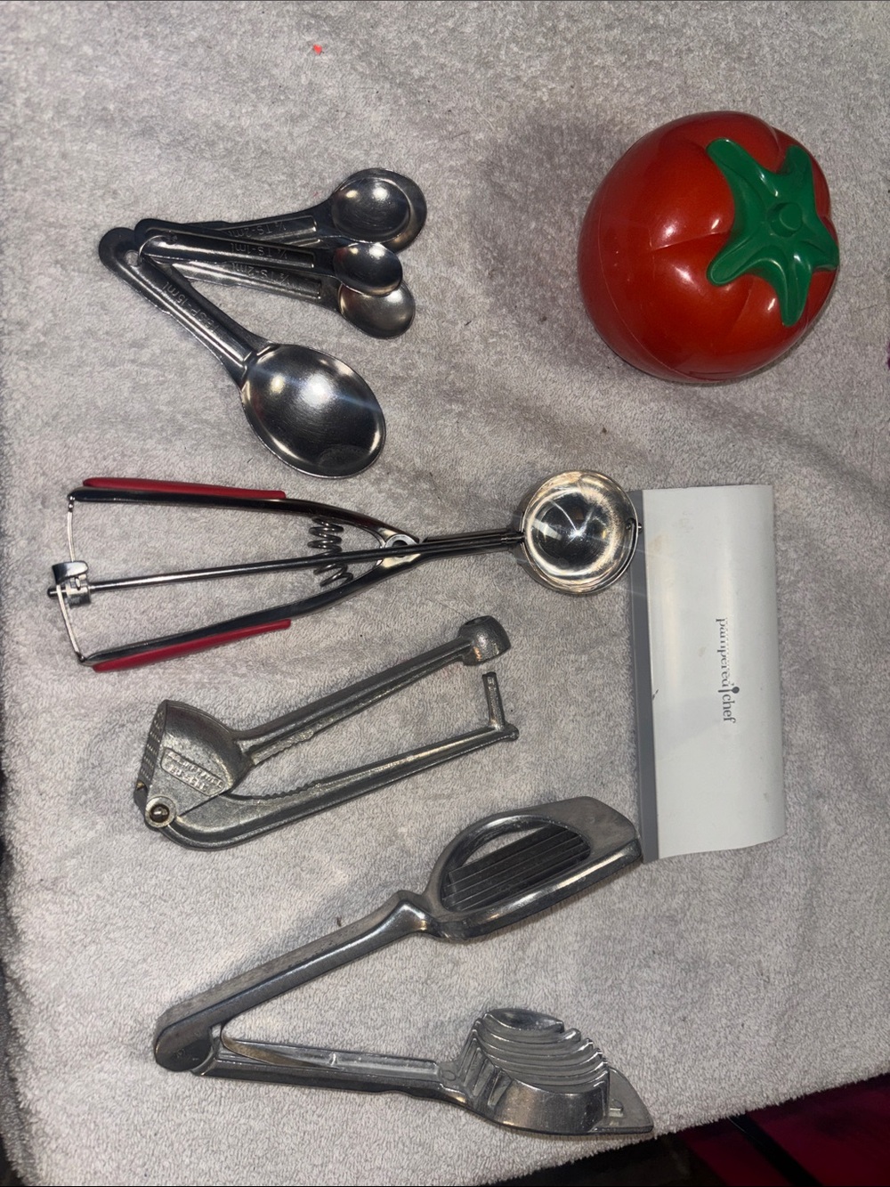 Pampered Chef Stainless Steel Kitchen Tool Set with Red Tomato Timer